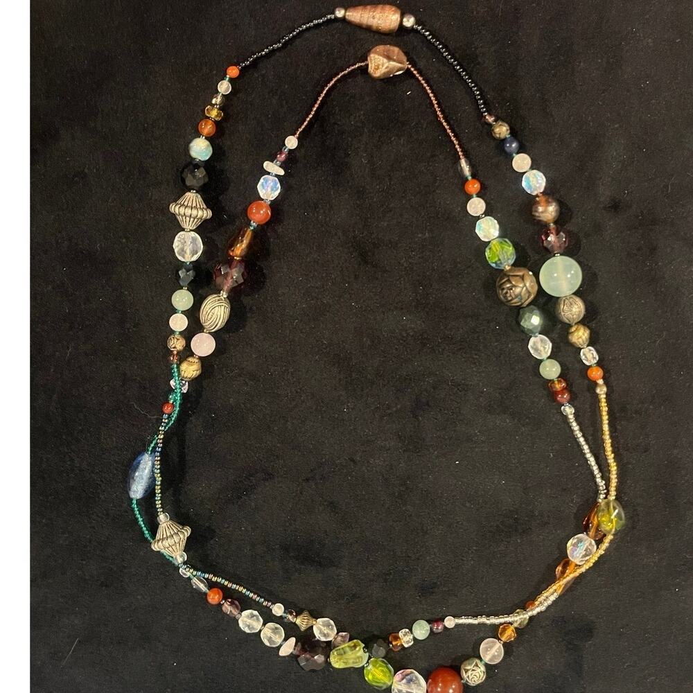Upcycled Glass and Bronze Bead Boho Beaded Long Statement Necklace
